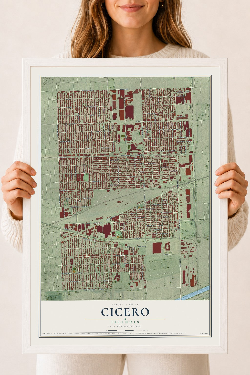 Map of Cicero, Illinois, 18 x 24 inch print in a white wood frame