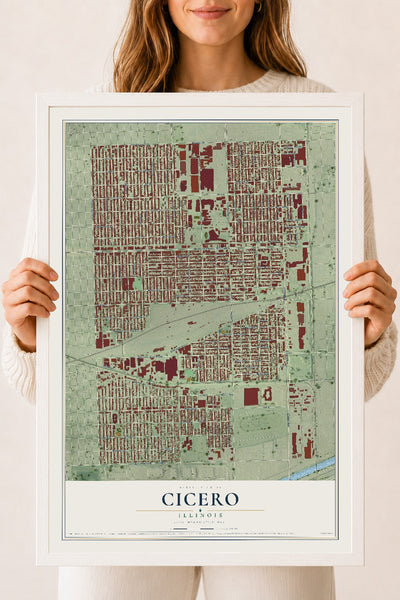 Map of Cicero, Illinois, 18 x 24 inch print in a white wood frame