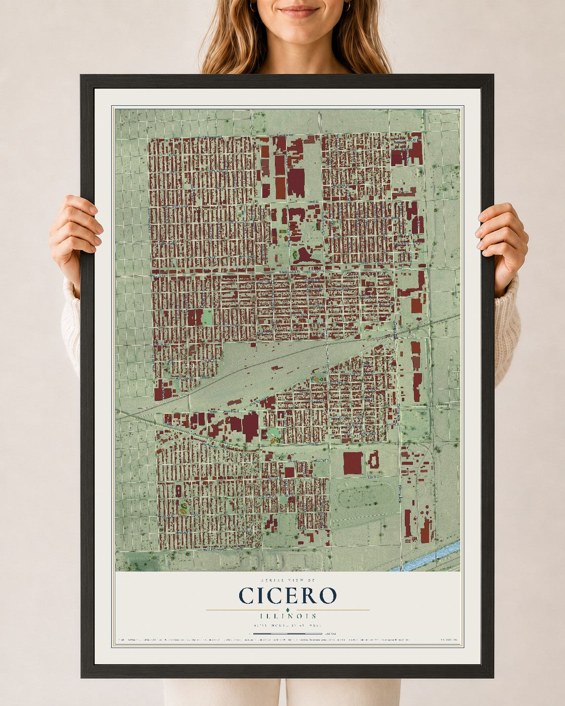 Map of Cicero, Illinois, 24 x 36 inch print in a black wood frame