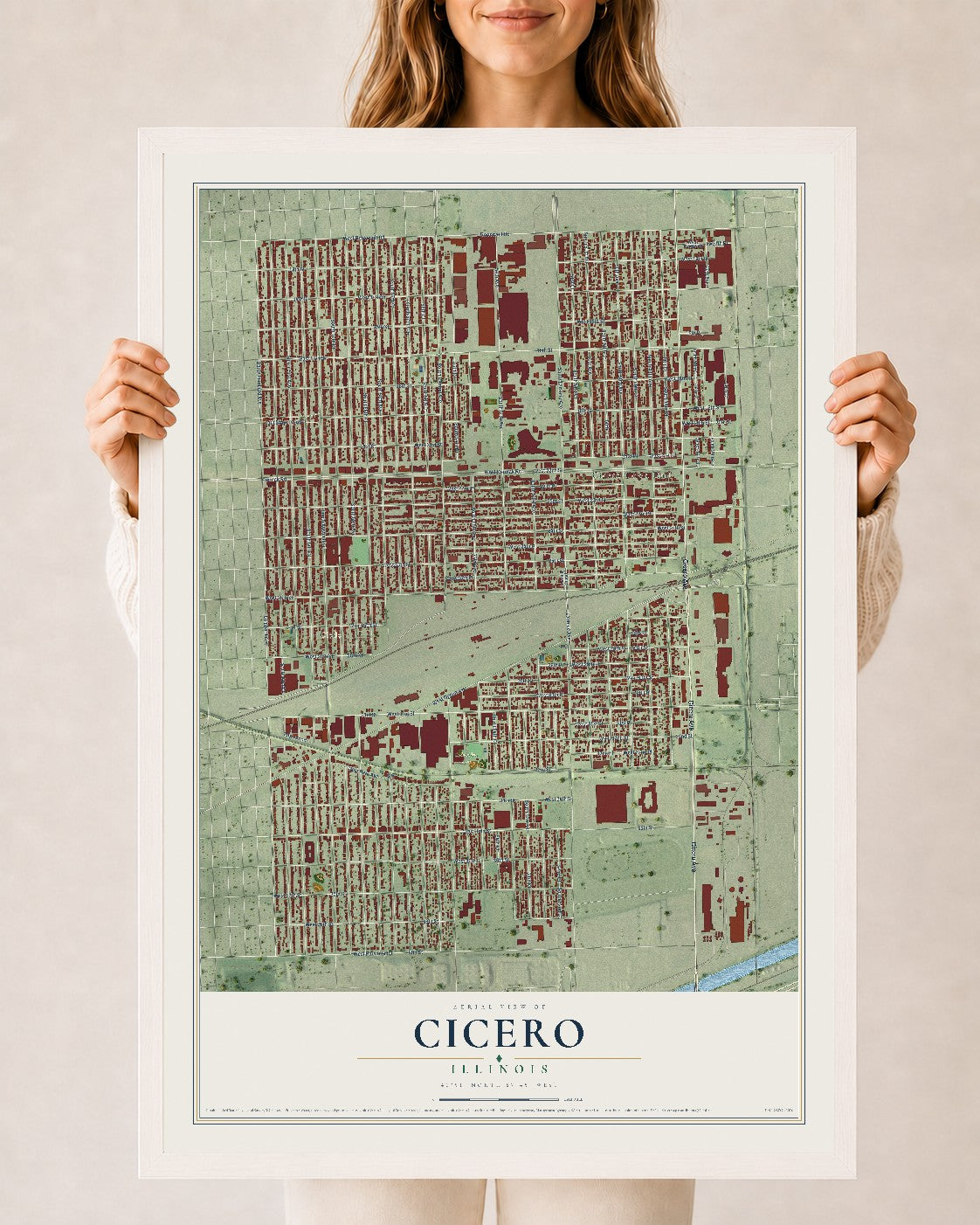 Map of Cicero, Illinois, 24 x 36 inch print in a white wood frame