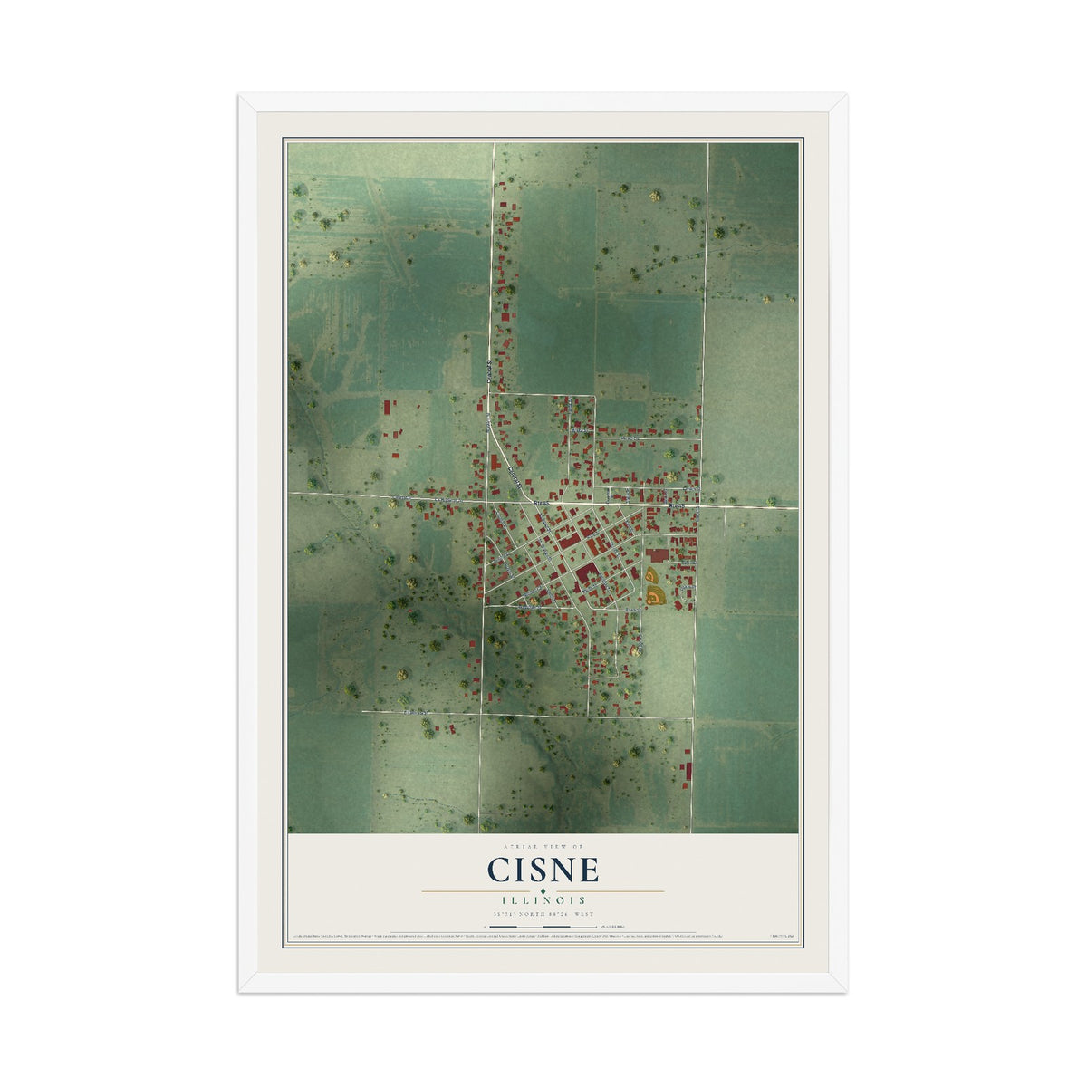 Map of Cisne, Illinois, 12 x 18 inch print in a white wood frame