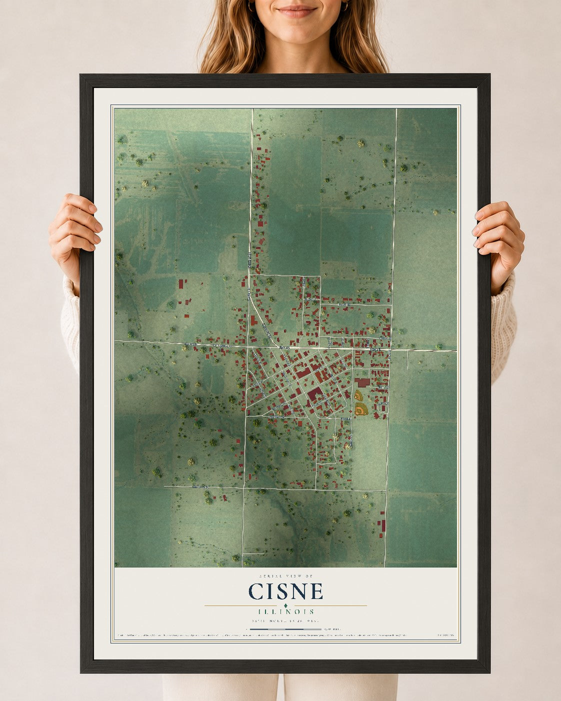 Map of Cisne, Illinois, 24 x 36 inch print in a black wood frame