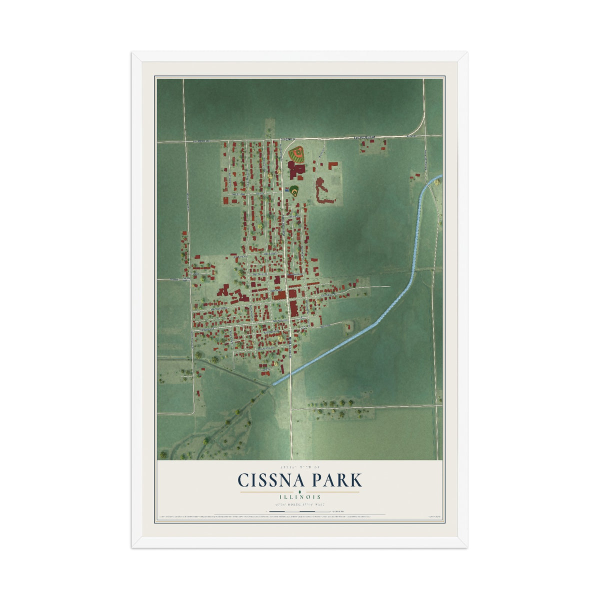 Map of Cissna Park, Illinois, 12 x 18 inch print in a white wood frame