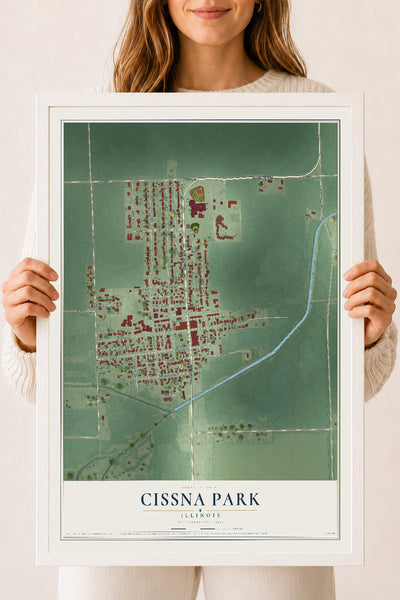 Map of Cissna Park, Illinois, 18 x 24 inch print in a white wood frame