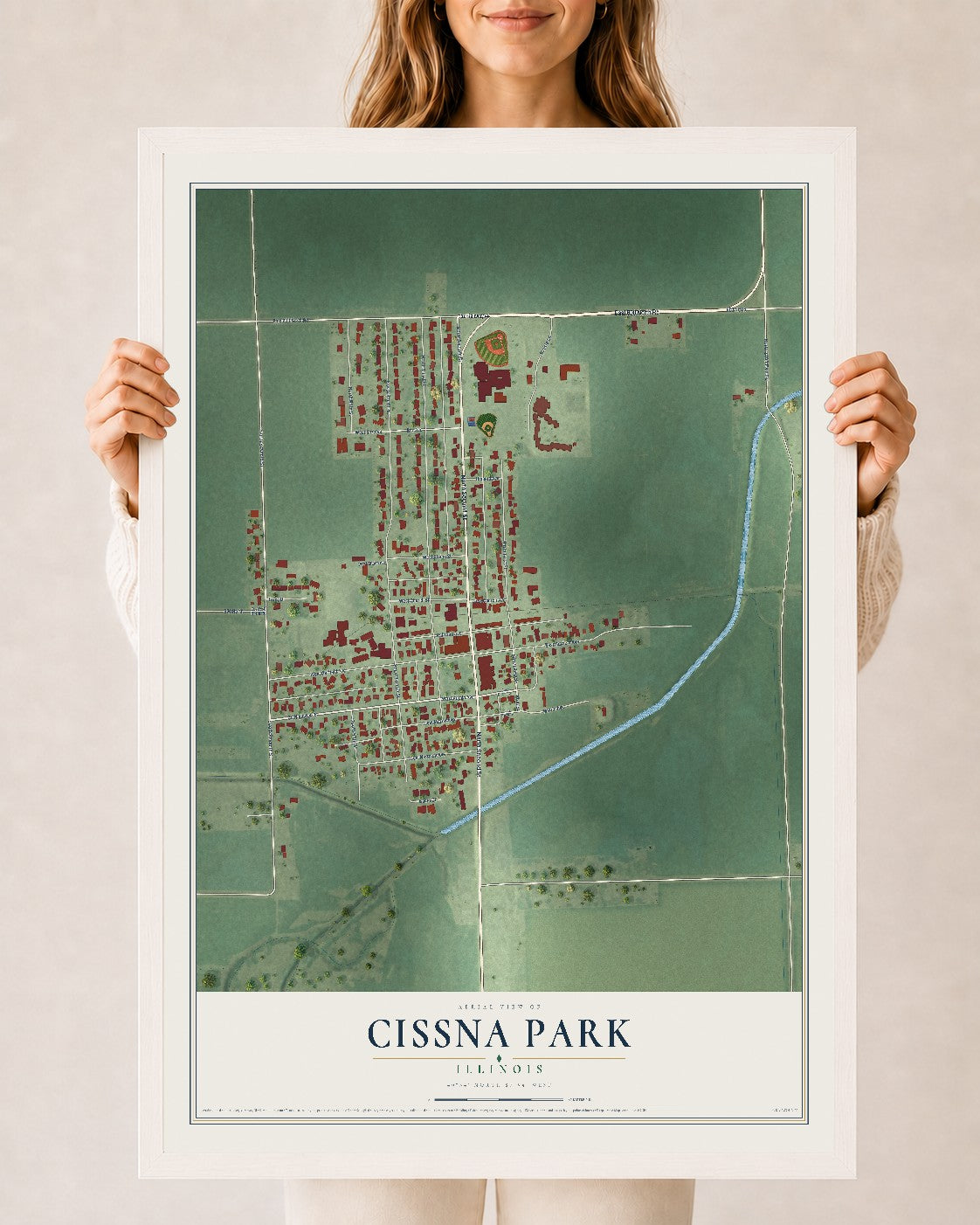 Map of Cissna Park, Illinois, 24 x 36 inch print in a white wood frame