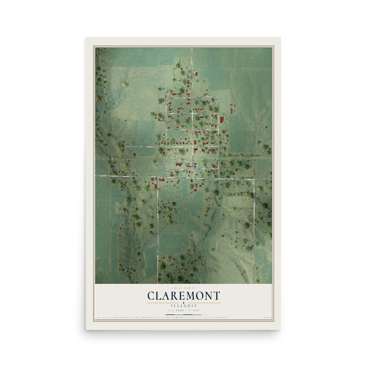 Map of Claremont, Illinois, 12 x 18 inch unframed archival matte print