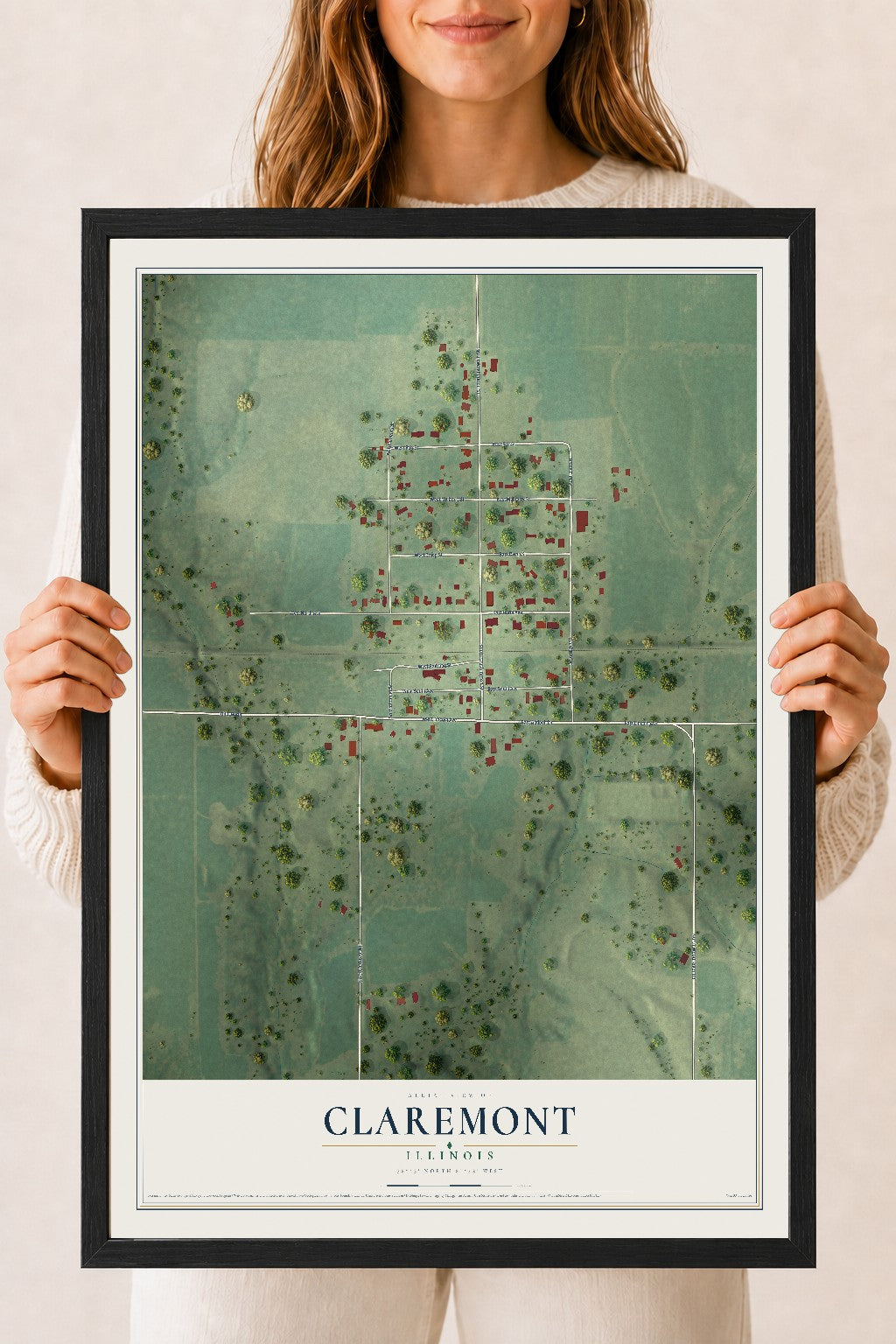 Map of Claremont, Illinois, 18 x 24 inch print in a black wood frame