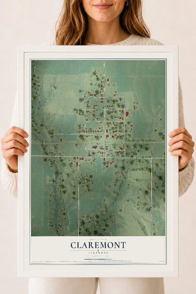 Map of Claremont, Illinois, 18 x 24 inch print in a white wood frame