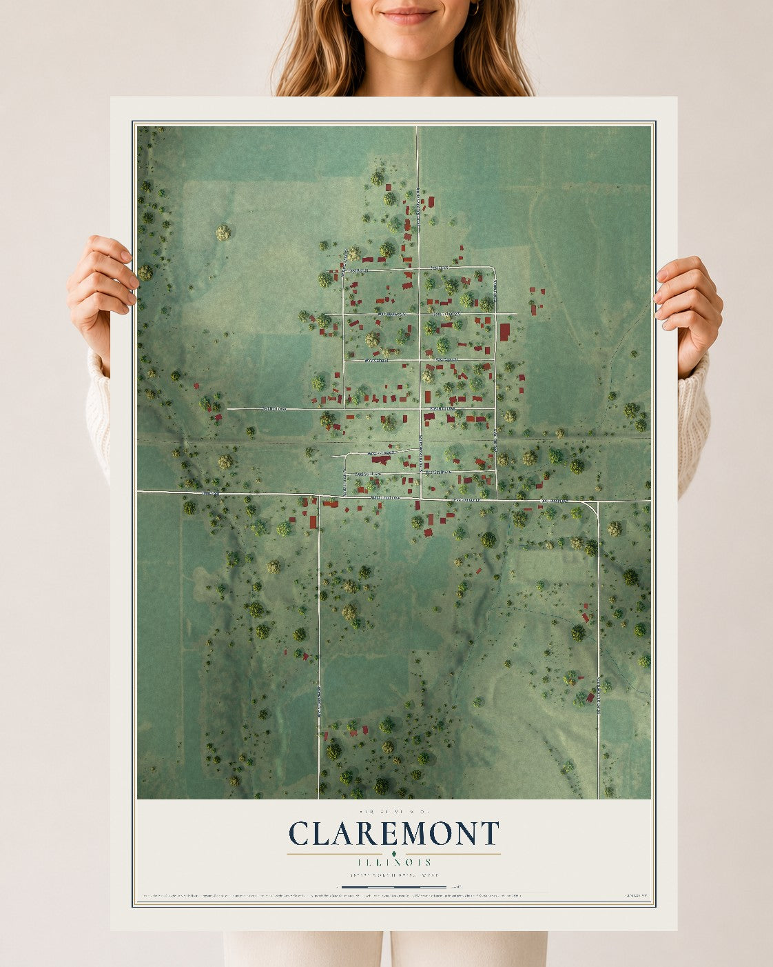 Map of Claremont, Illinois, 24 x 36 inch unframed archival matte print