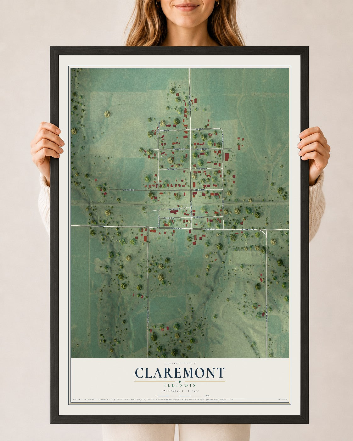 Map of Claremont, Illinois, 24 x 36 inch print in a black wood frame