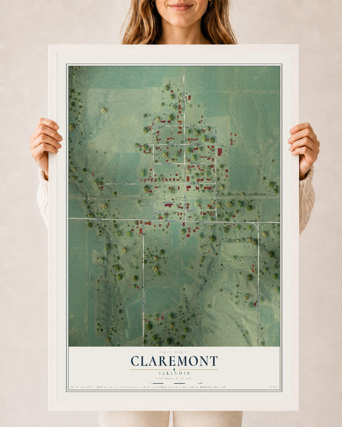 Map of Claremont, Illinois, 24 x 36 inch print in a white wood frame