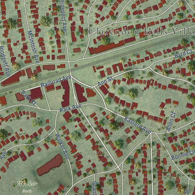 Close-up of the map of Clarendon Hills, Illinois print showing street and building detail