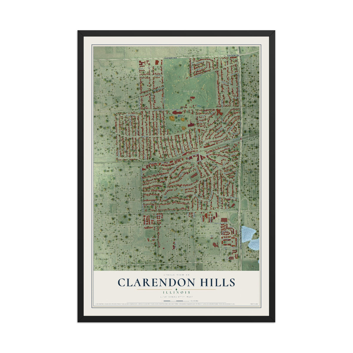 Map of Clarendon Hills, Illinois, 12 x 18 inch print in a black wood frame