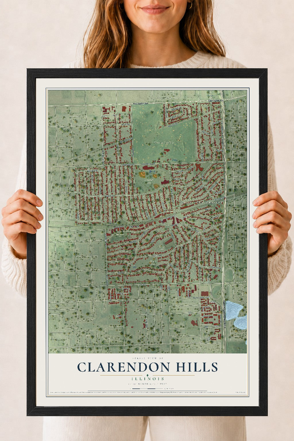 Map of Clarendon Hills, Illinois, 18 x 24 inch print in a black wood frame