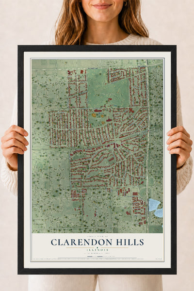 Map of Clarendon Hills, Illinois, 18 x 24 inch print in a black wood frame