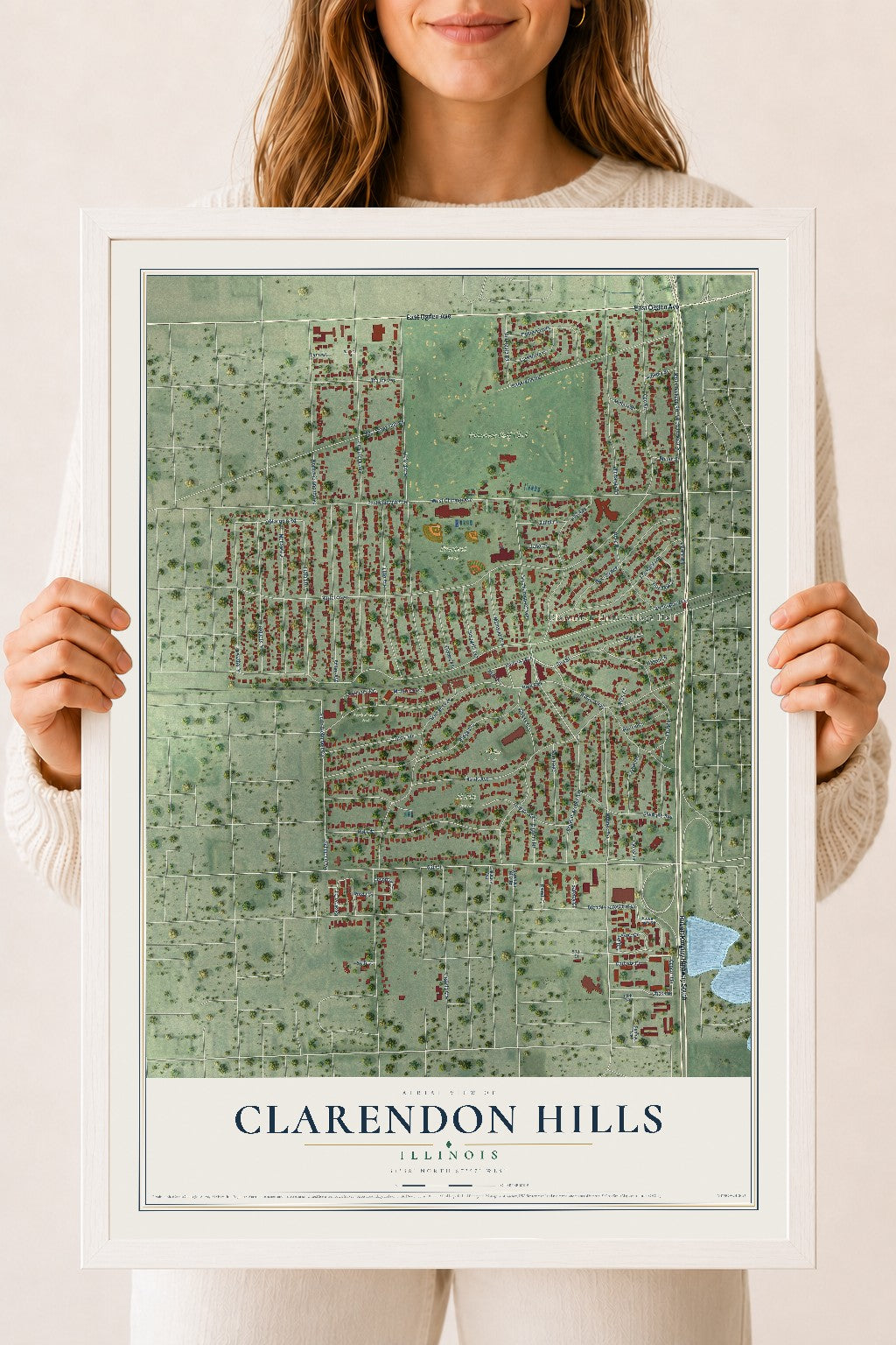 Map of Clarendon Hills, Illinois, 18 x 24 inch print in a white wood frame