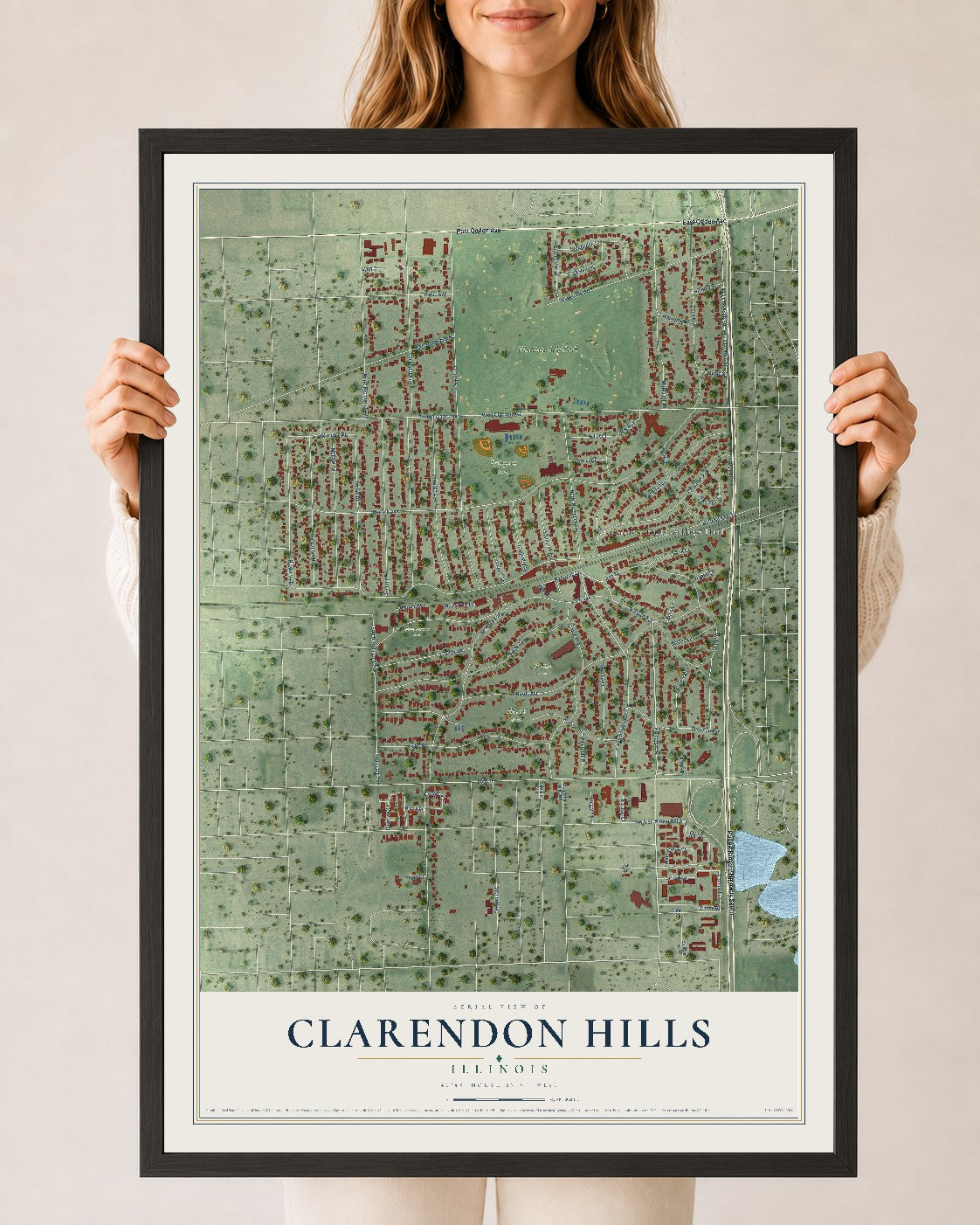 Map of Clarendon Hills, Illinois, 24 x 36 inch print in a black wood frame