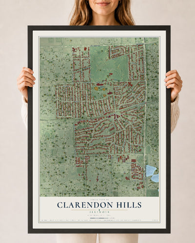 Map of Clarendon Hills, Illinois, 24 x 36 inch print in a black wood frame