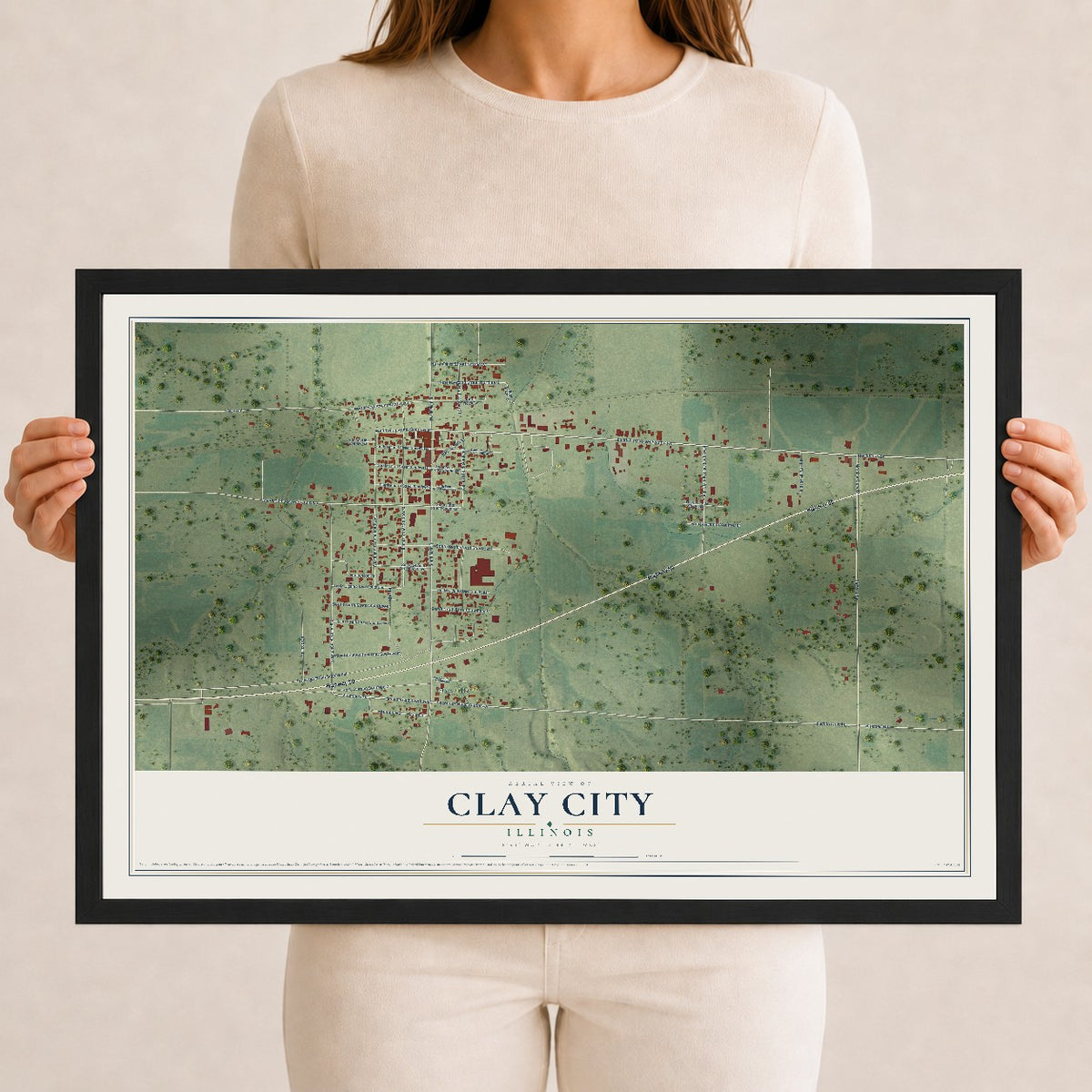 Map of Clay City, Illinois, 12 x 18 inch print in a black wood frame
