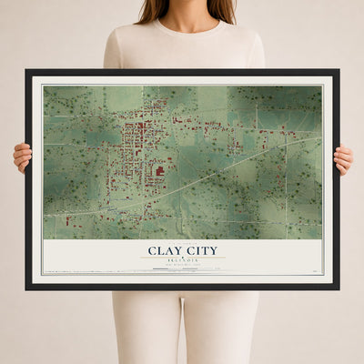 Map of Clay City, Illinois, 24 x 36 inch print in a black wood frame