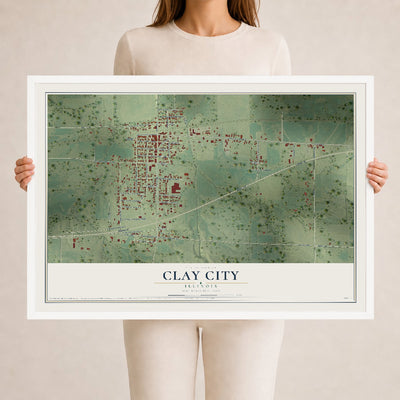 Map of Clay City, Illinois, 24 x 36 inch print in a white wood frame
