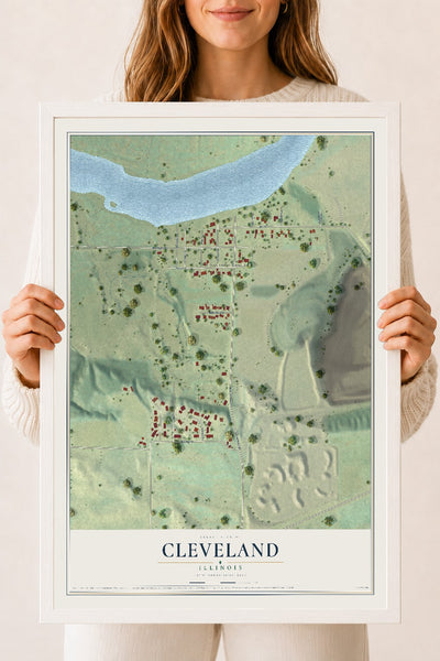 Map of Cleveland, Illinois, 18 x 24 inch print in a white wood frame