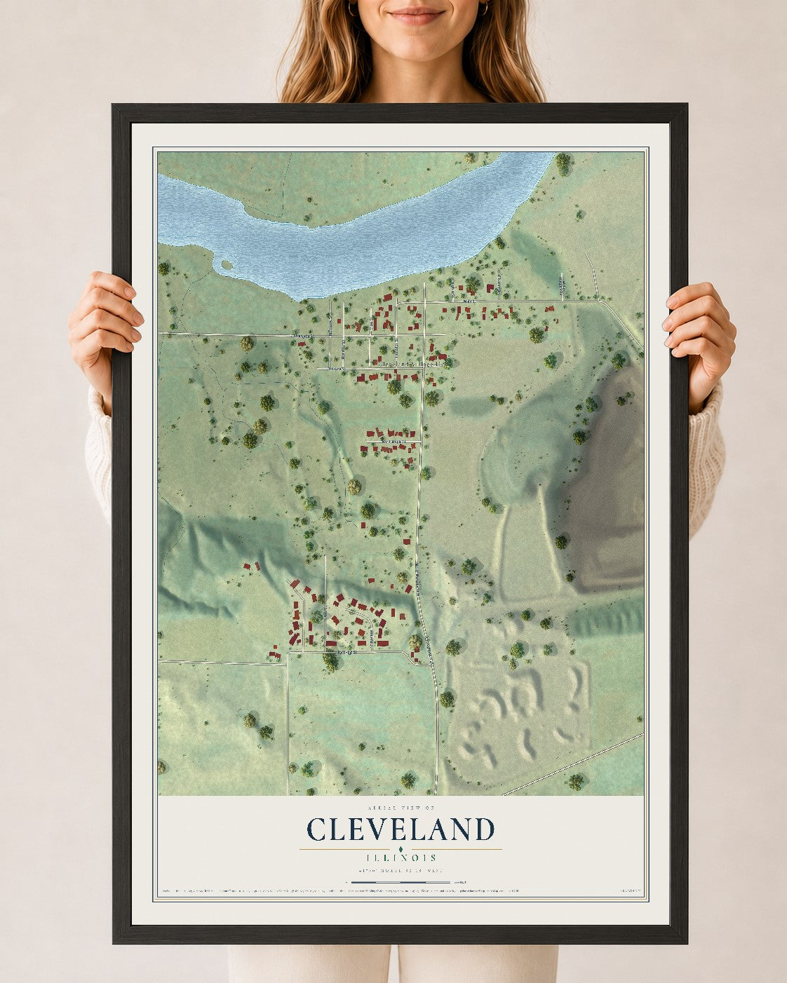 Map of Cleveland, Illinois, 24 x 36 inch print in a black wood frame