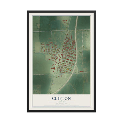 Map of Clifton, Illinois, 12 x 18 inch print in a black wood frame