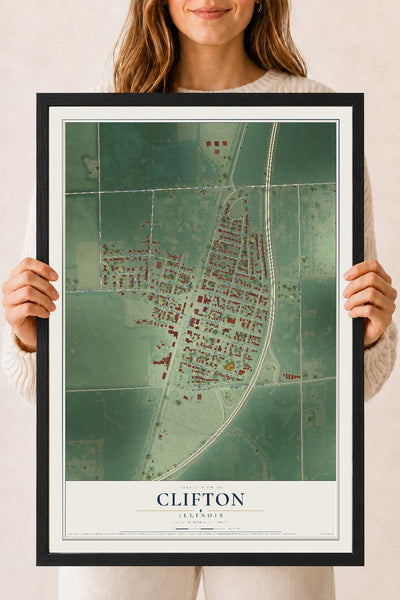 Map of Clifton, Illinois, 18 x 24 inch print in a black wood frame