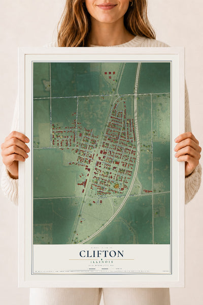 Map of Clifton, Illinois, 18 x 24 inch print in a white wood frame