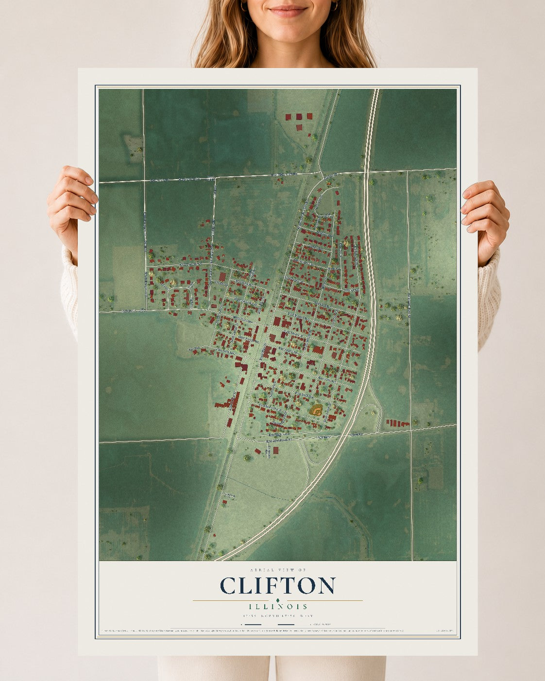 Map of Clifton, Illinois, 24 x 36 inch unframed archival matte print