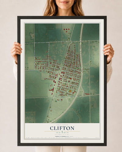 Map of Clifton, Illinois, 24 x 36 inch print in a black wood frame