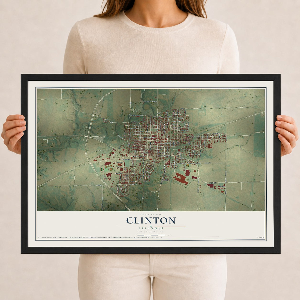 Map of Clinton, Illinois, 12 x 18 inch print in a black wood frame