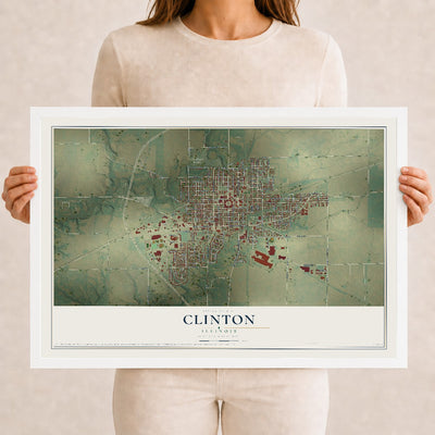 Map of Clinton, Illinois, 12 x 18 inch print in a white wood frame