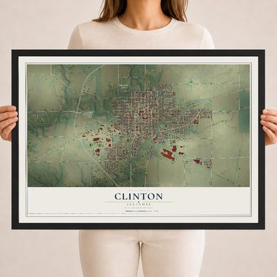 Map of Clinton, Illinois, 18 x 24 inch print in a black wood frame