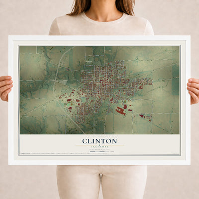 Map of Clinton, Illinois, 18 x 24 inch print in a white wood frame
