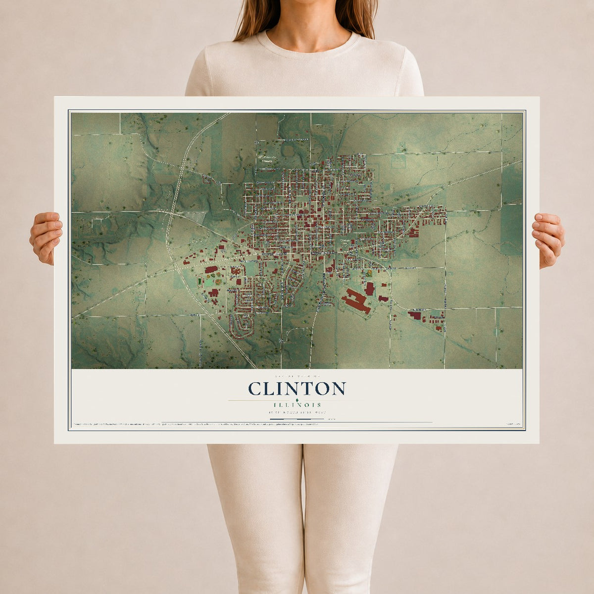 Map of Clinton, Illinois, 24 x 36 inch unframed archival matte print