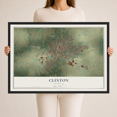 Map of Clinton, Illinois, 24 x 36 inch print in a black wood frame