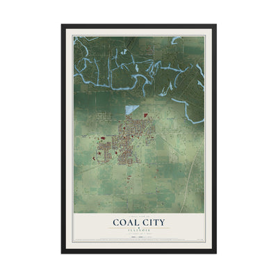 Map of Coal City, Illinois, 12 x 18 inch print in a black wood frame