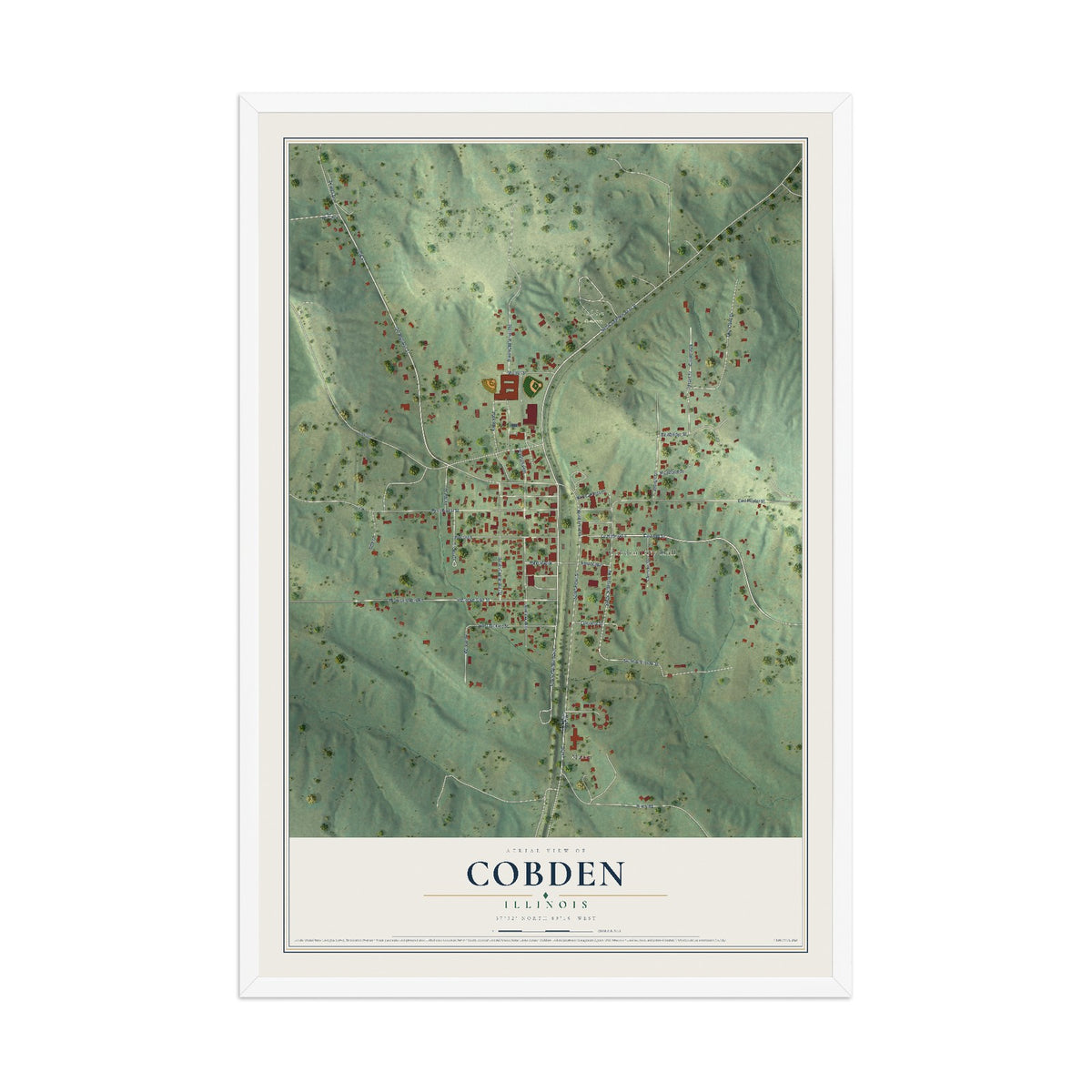 Map of Cobden, Illinois, 12 x 18 inch print in a white wood frame