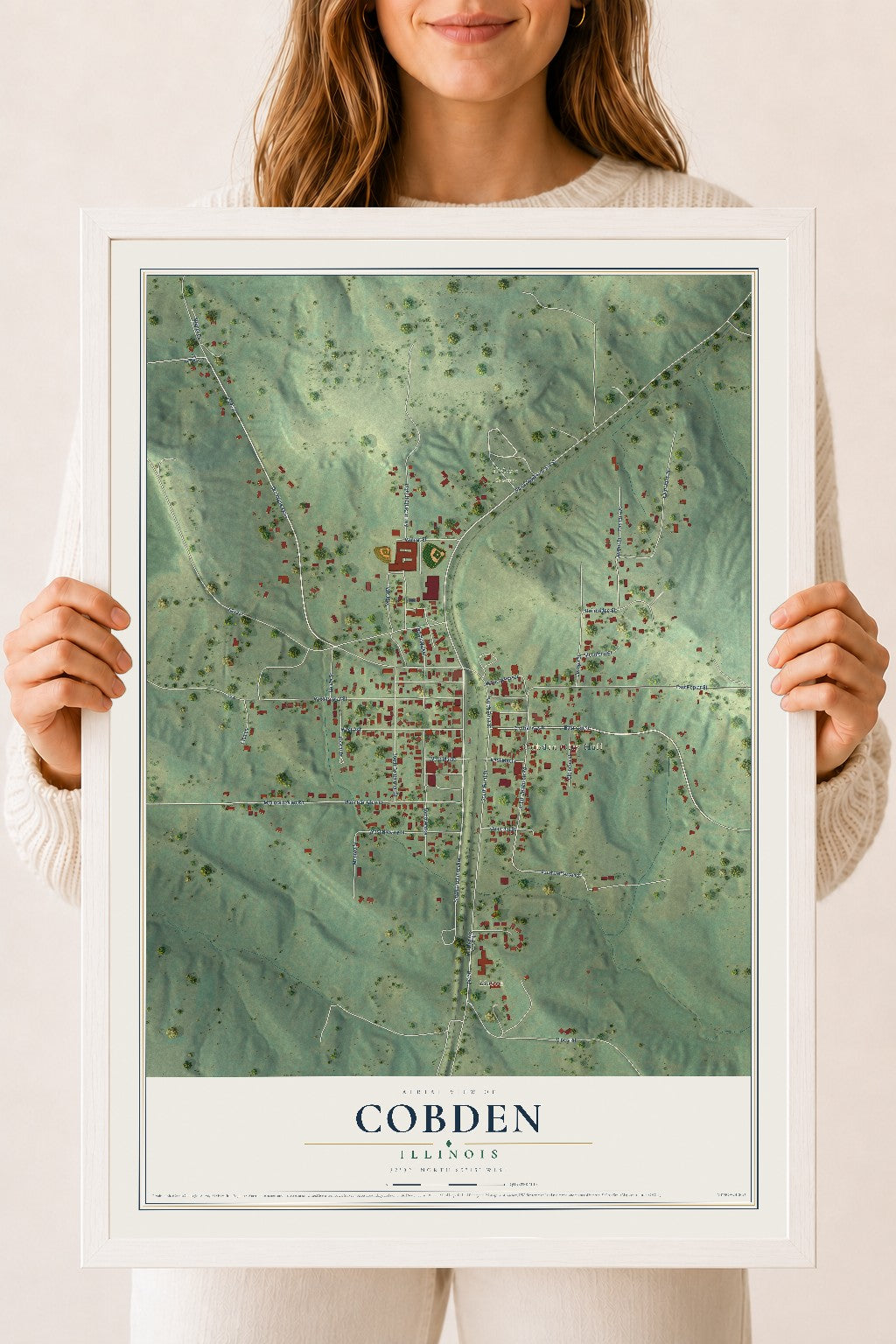 Map of Cobden, Illinois, 18 x 24 inch print in a white wood frame