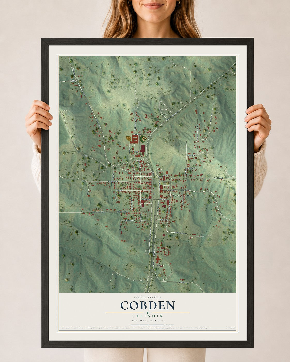Map of Cobden, Illinois, 24 x 36 inch print in a black wood frame