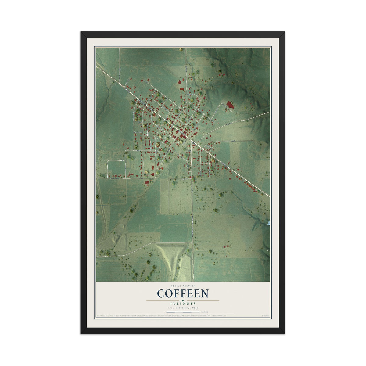 Map of Coffeen, Illinois, 12 x 18 inch print in a black wood frame