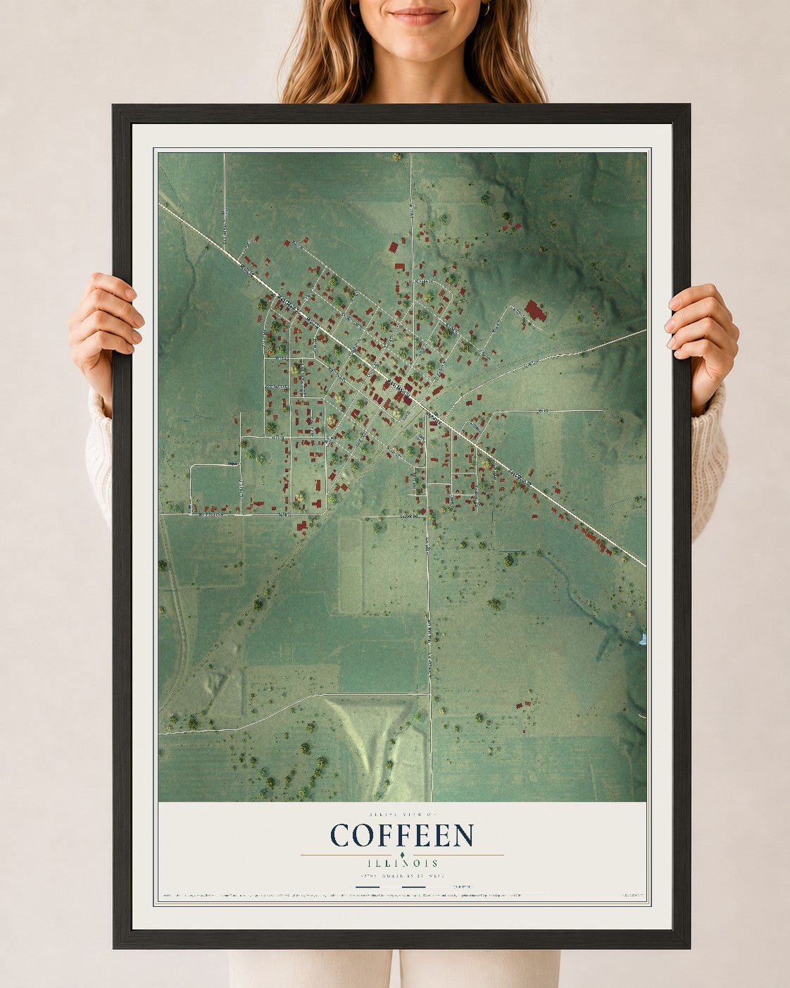 Map of Coffeen, Illinois, 24 x 36 inch print in a black wood frame