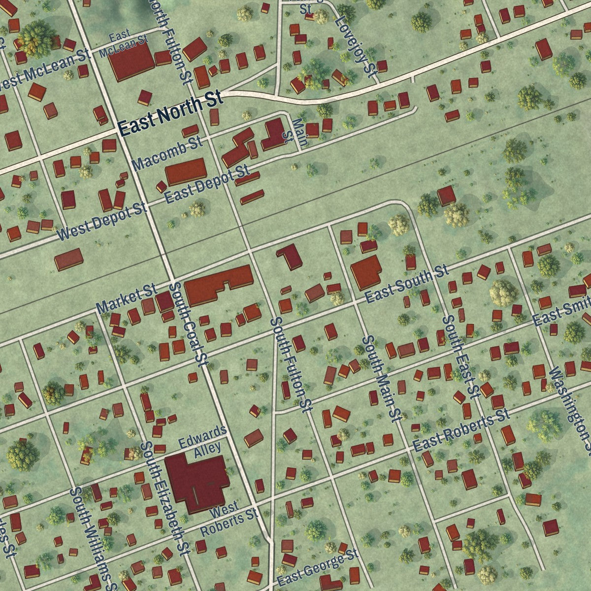 Close-up of the map of Colchester, Illinois print showing street and building detail