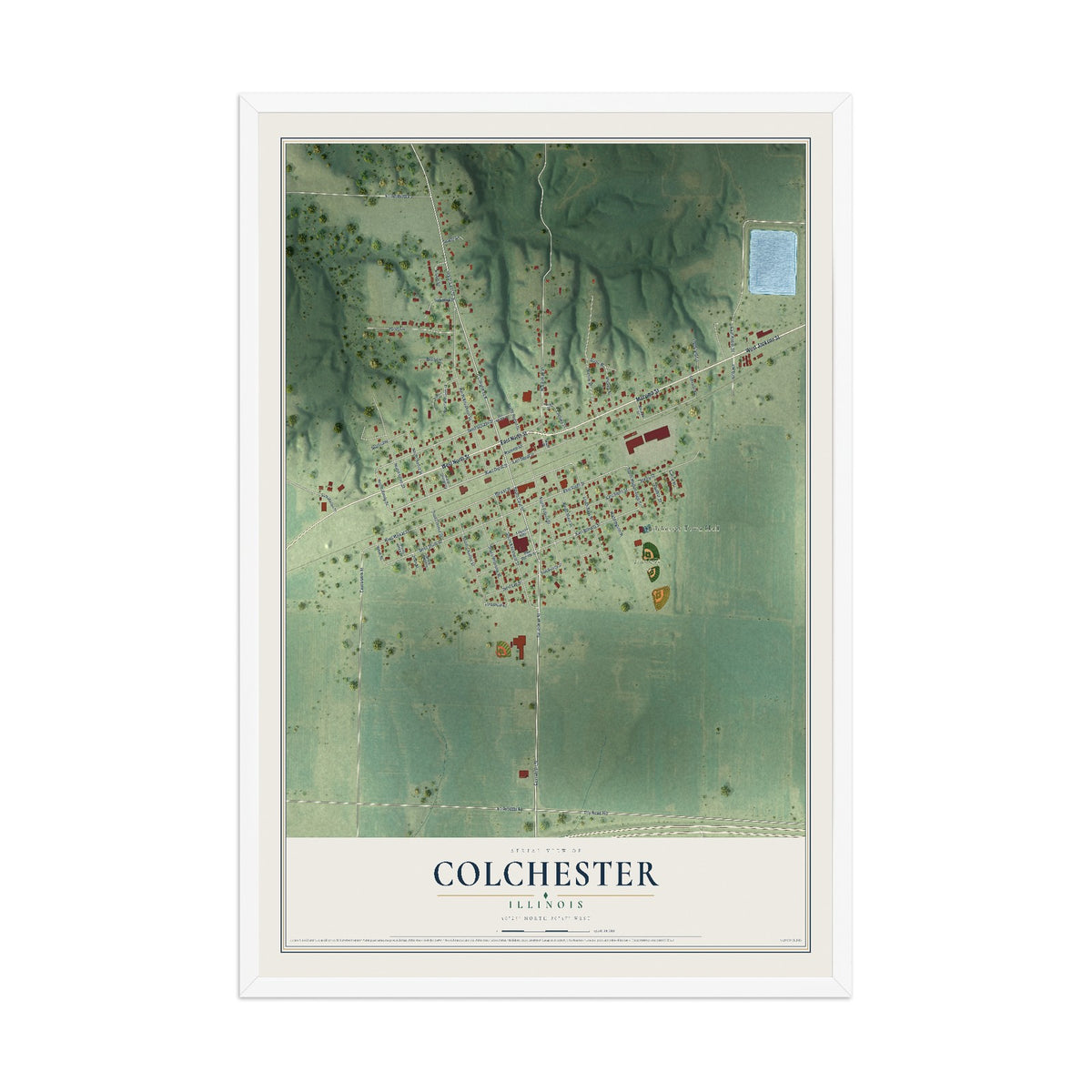 Map of Colchester, Illinois, 12 x 18 inch print in a white wood frame