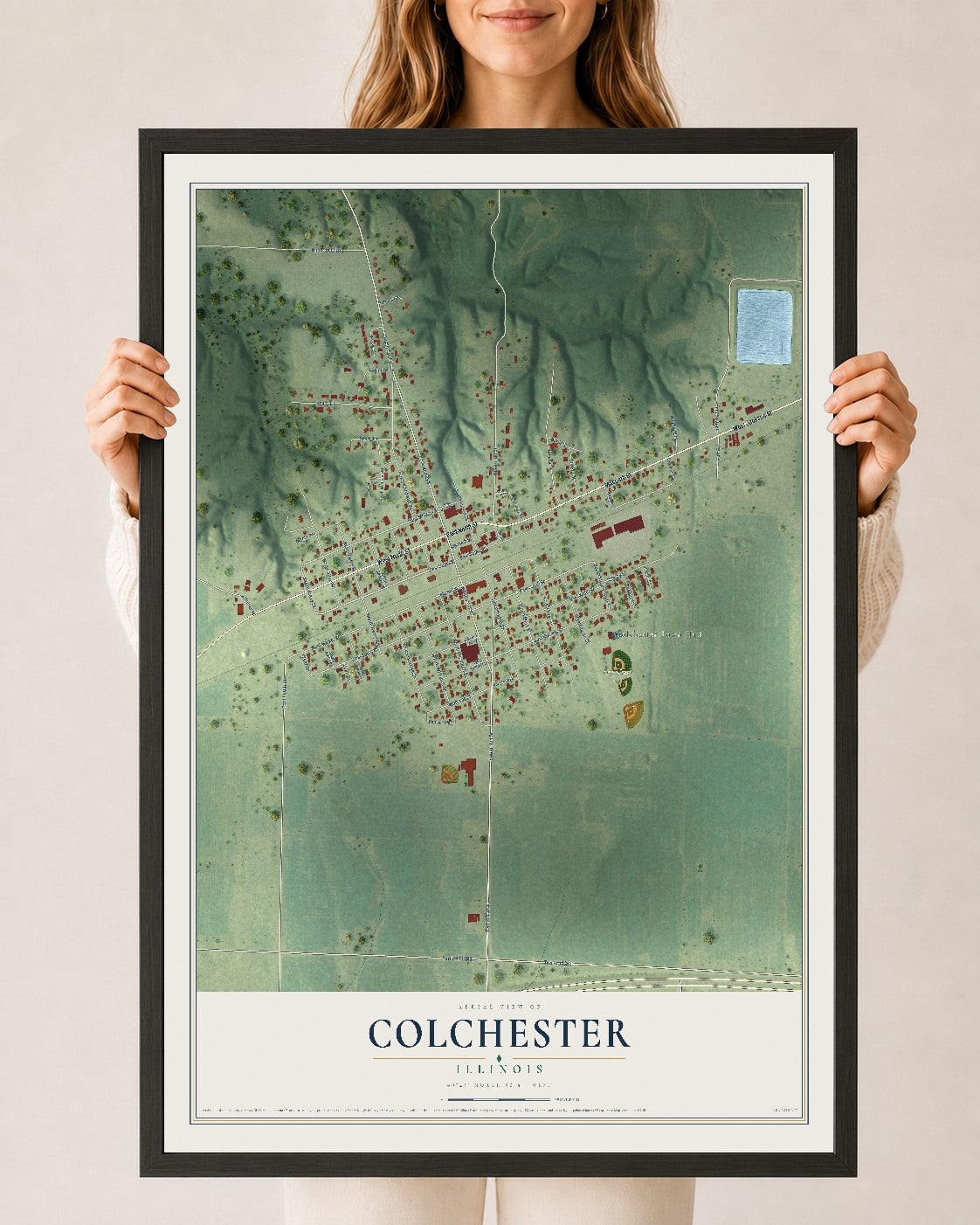 Map of Colchester, Illinois, 24 x 36 inch print in a black wood frame
