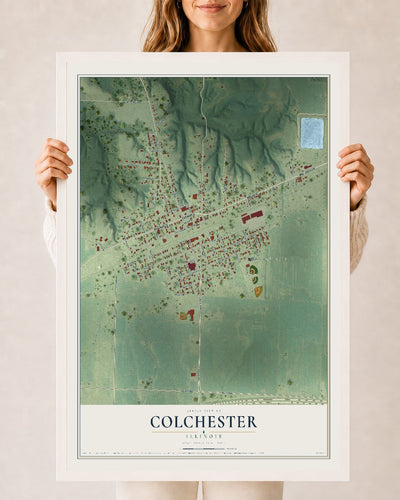 Map of Colchester, Illinois, 24 x 36 inch print in a white wood frame
