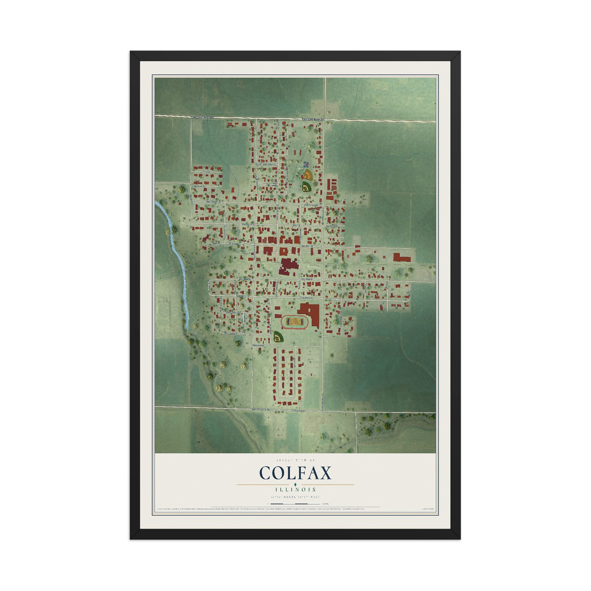 Map of Colfax, Illinois, 12 x 18 inch print in a black wood frame
