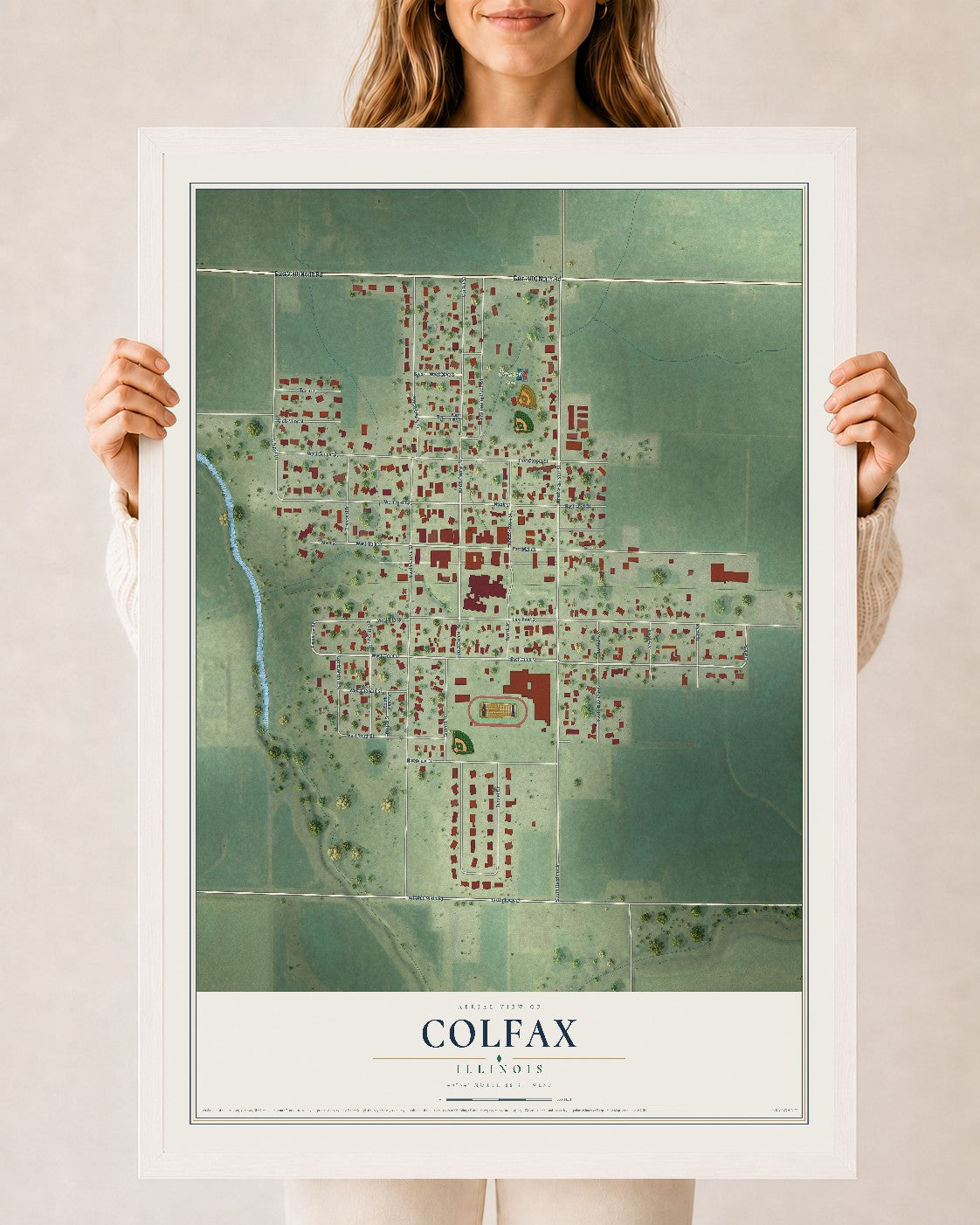 Map of Colfax, Illinois, 24 x 36 inch print in a white wood frame